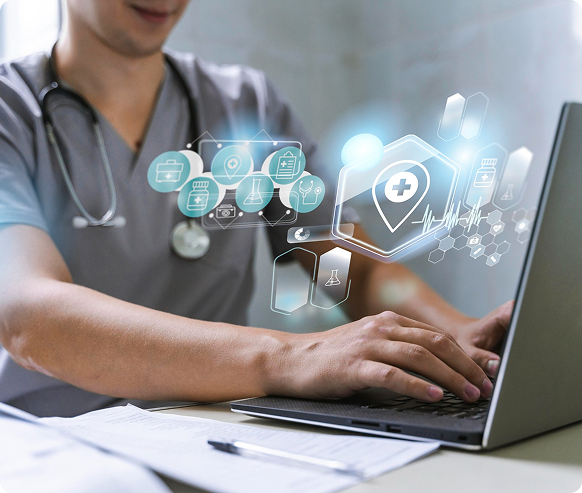 Healthcare professional using a laptop with cloud security interface overlays